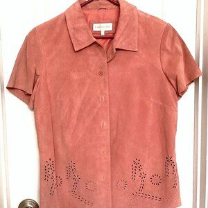 Vintage Pink Suede Jacket Short Sleeves, Shacket Lined Blouse cutout leather